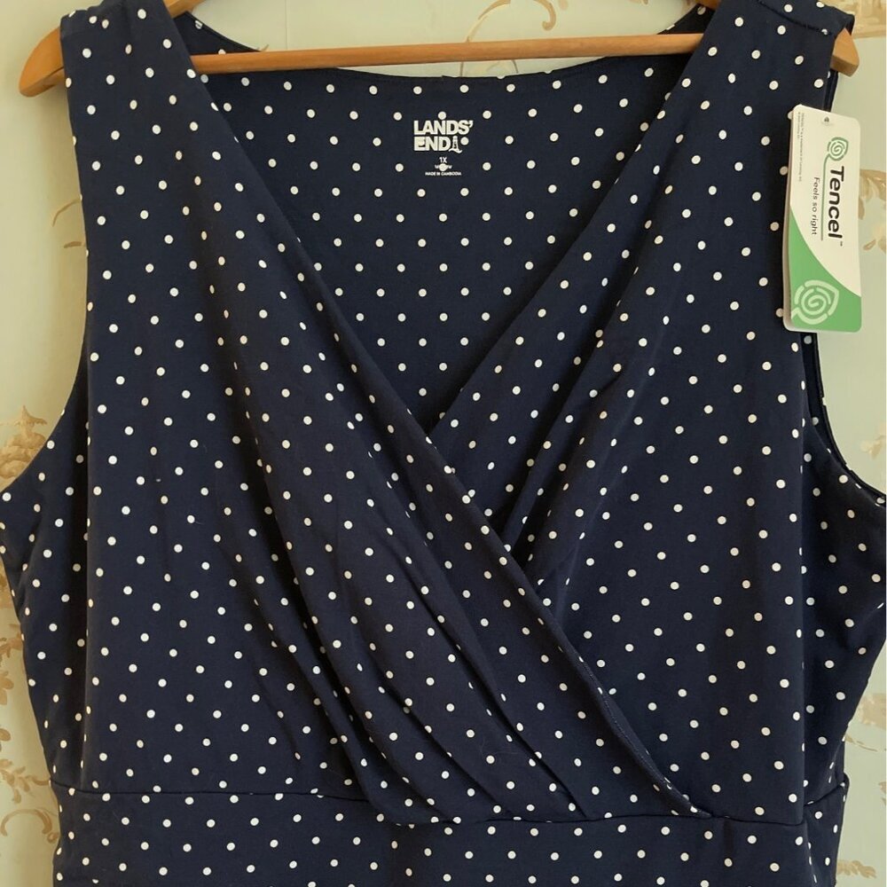 Lands End Women Sleeveless Dress Size 1X Navy Polka Dot Nautical Coastal Retro - Picture 4 of 13